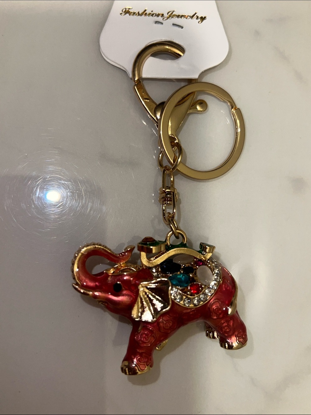 Gold Tone Elephant Bag Charm with Red and Green Enamel & Multicolor Gems - Picture 3 of 8